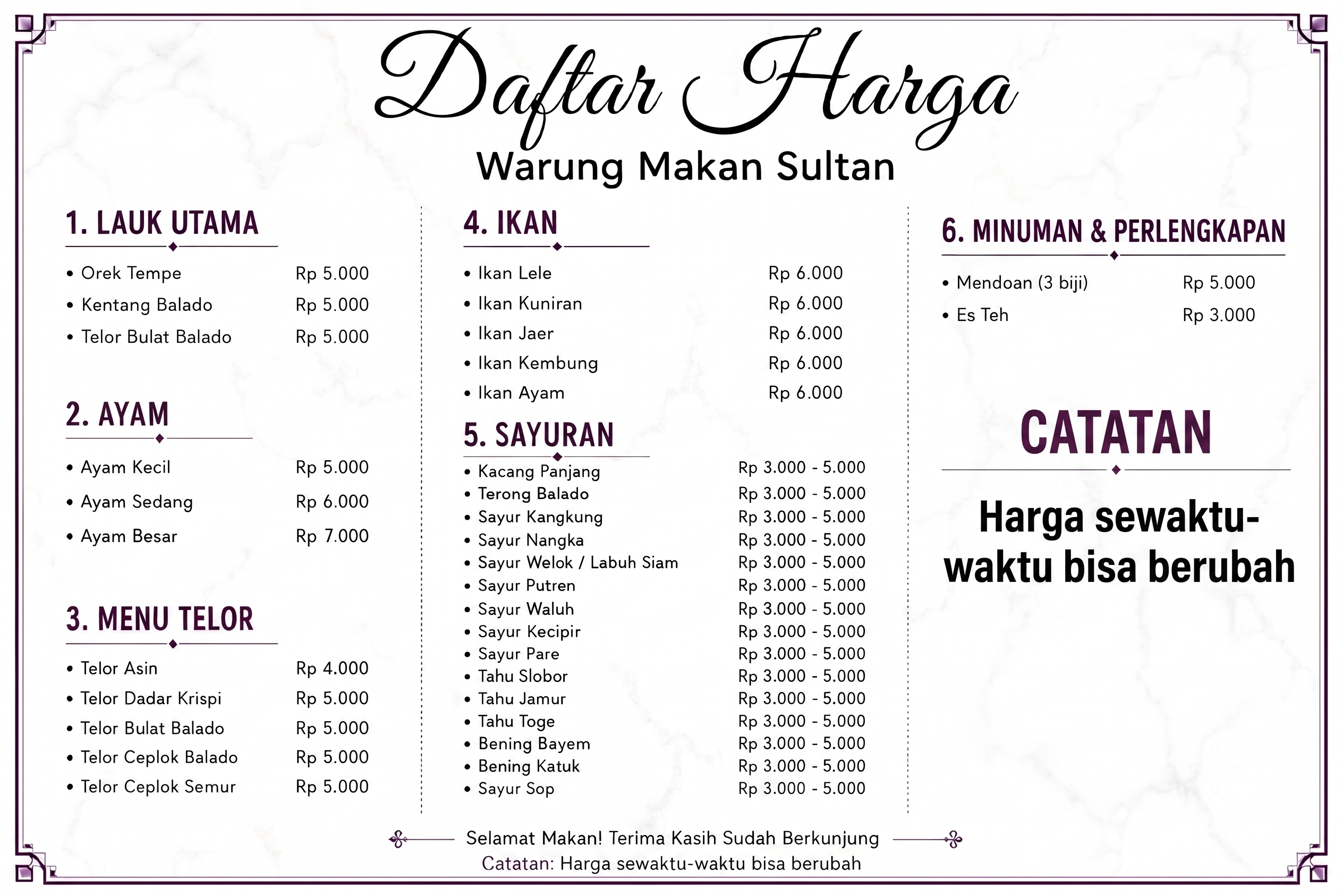Daftar Menu Warung Makan Sultan